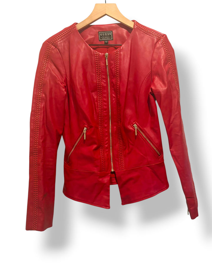 GUESS Red Faux Leather Cropped Moto Jacket With Gold Zipper Size Small