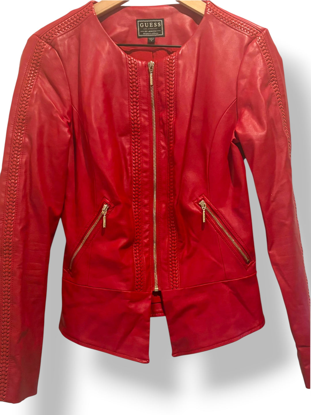GUESS Red Faux Leather Cropped Moto Jacket With Gold Zipper Size Small
