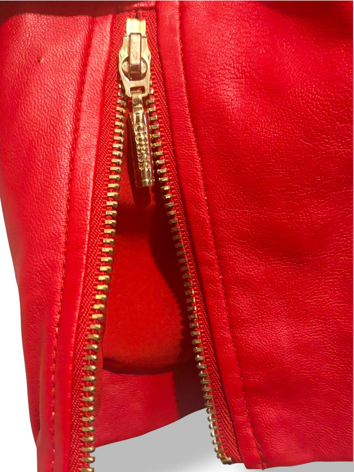GUESS Red Faux Leather Cropped Moto Jacket With Gold Zipper Size Small