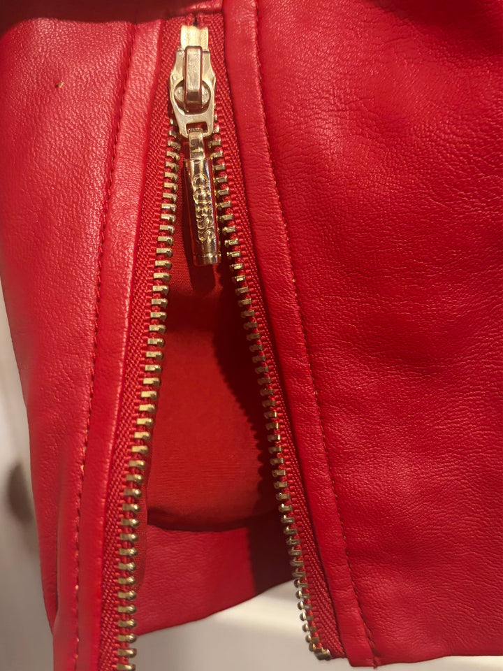 GUESS Red Faux Leather Cropped Moto Jacket With Gold Zipper Size Small