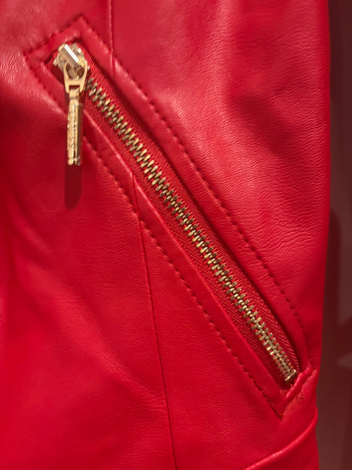 GUESS Red Faux Leather Cropped Moto Jacket With Gold Zipper Size Small