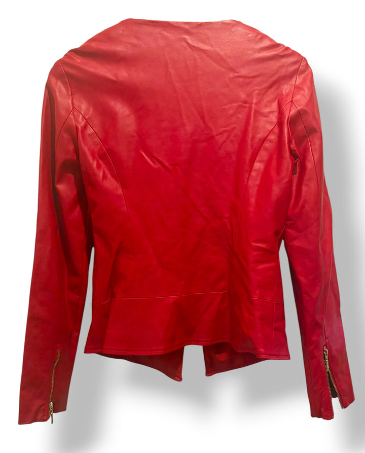 GUESS Red Faux Leather Cropped Moto Jacket With Gold Zipper Size Small