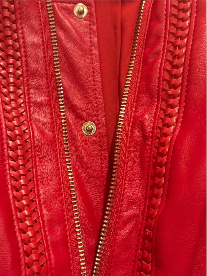 GUESS Red Faux Leather Cropped Moto Jacket With Gold Zipper Size Small