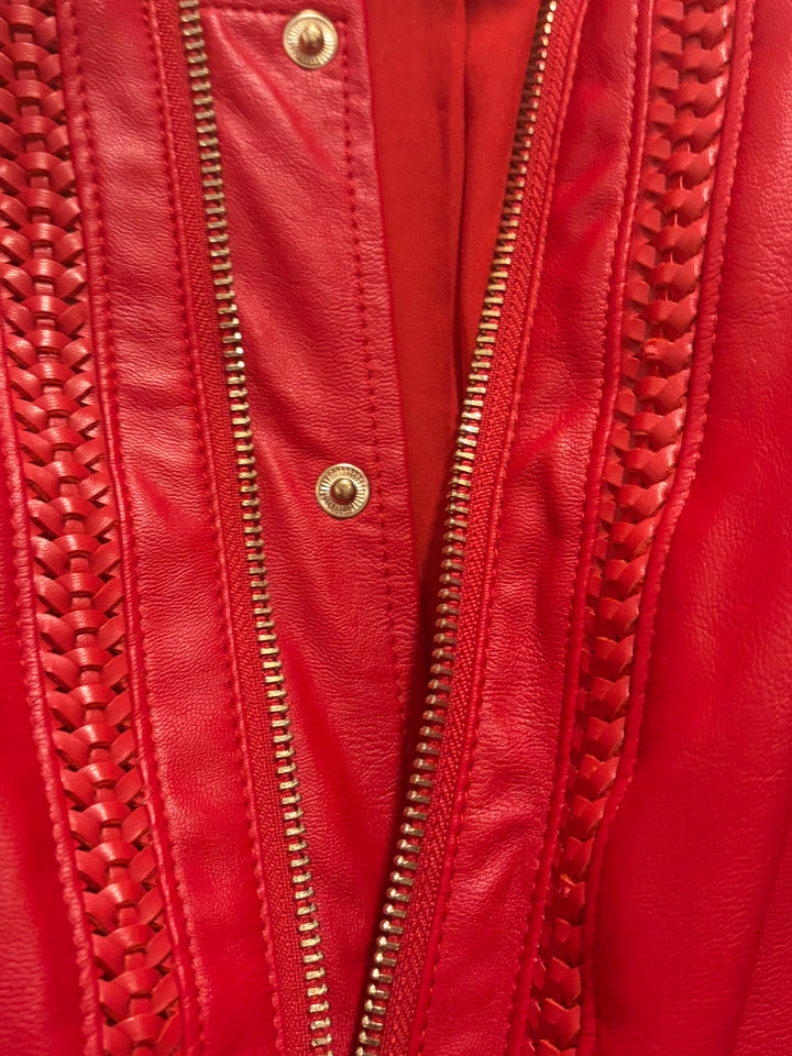 GUESS Red Faux Leather Cropped Moto Jacket With Gold Zipper Size Small