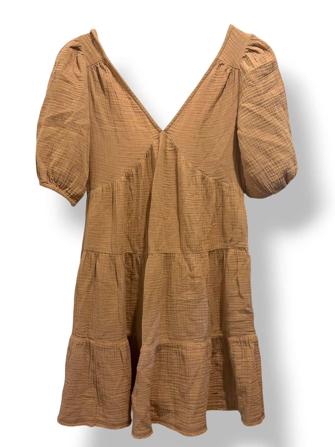 Aerie Tan Gauze Tiered Mini Dress XS Puff Sleeve Tie Back Boho Beach Cover Up