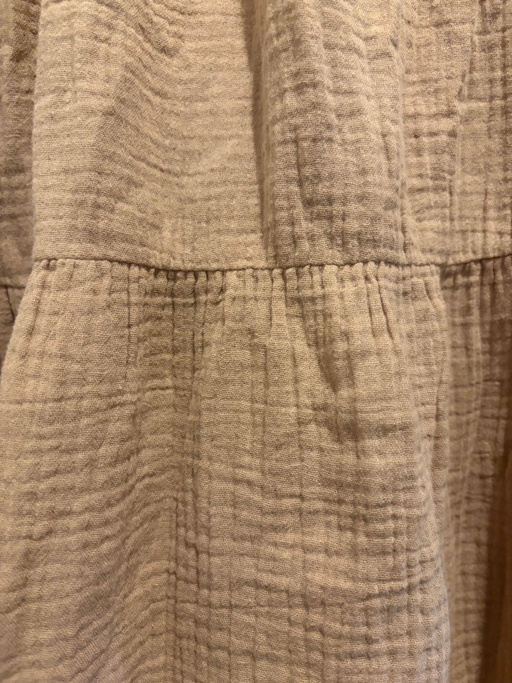 Aerie Tan Gauze Tiered Mini Dress XS Puff Sleeve Tie Back Boho Beach Cover Up
