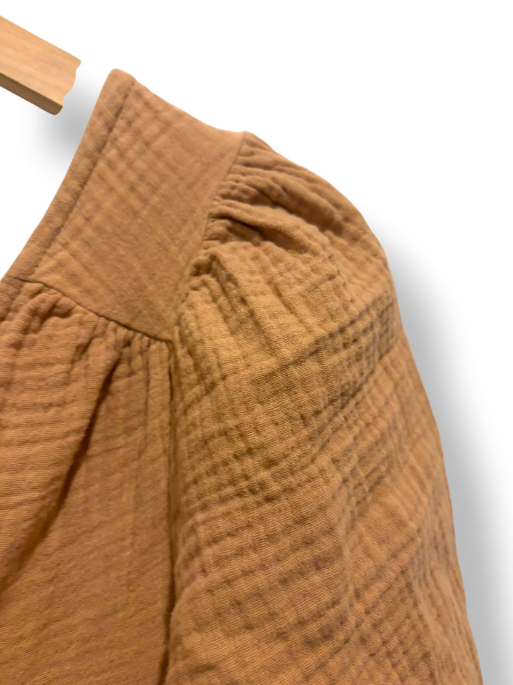 Aerie Tan Gauze Tiered Mini Dress XS Puff Sleeve Tie Back Boho Beach Cover Up