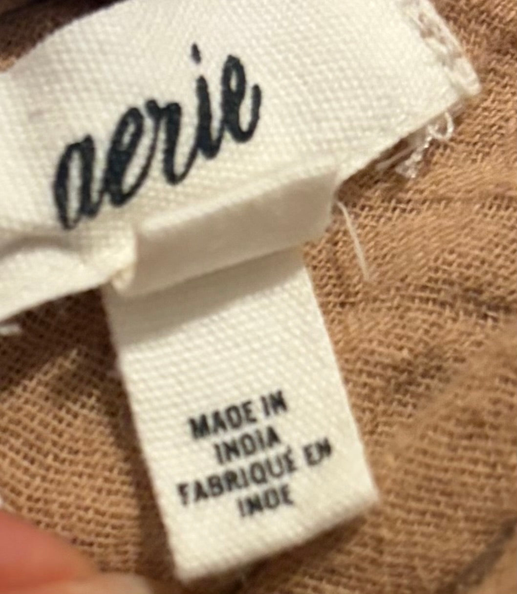 Aerie Tan Gauze Tiered Mini Dress XS Puff Sleeve Tie Back Boho Beach Cover Up