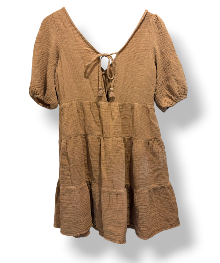 Aerie Tan Gauze Tiered Mini Dress XS Puff Sleeve Tie Back Boho Beach Cover Up