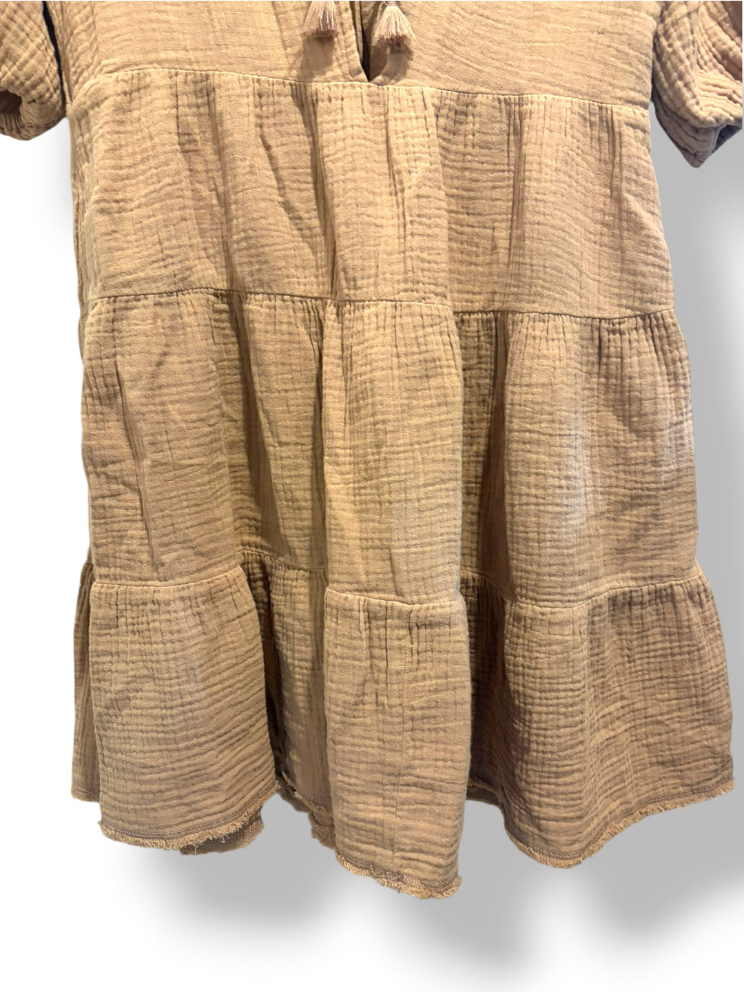 Aerie Tan Gauze Tiered Mini Dress XS Puff Sleeve Tie Back Boho Beach Cover Up