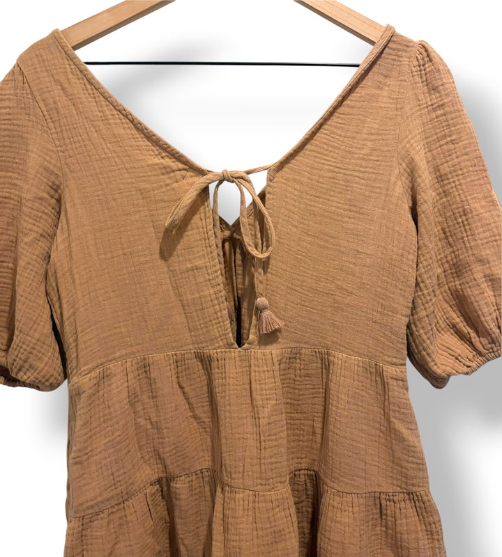 Aerie Tan Gauze Tiered Mini Dress XS Puff Sleeve Tie Back Boho Beach Cover Up