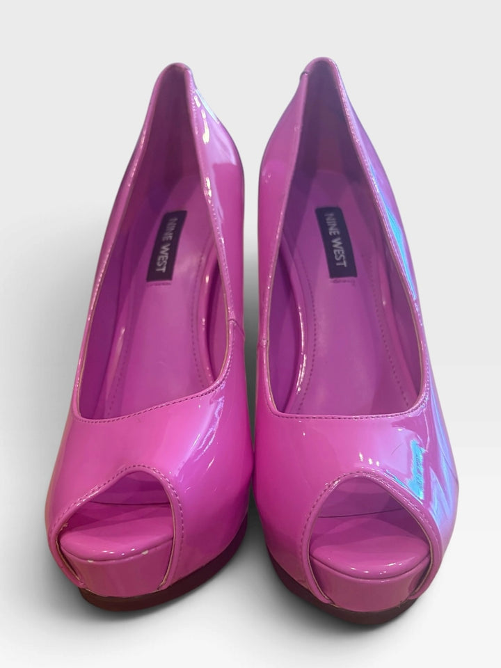Nine West Hot Pink Patent Peep Toe Platform Stiletto Pumps Size 6M Y2K