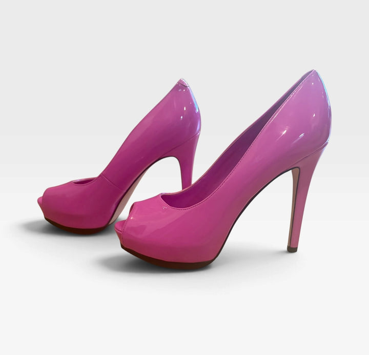 Nine West Hot Pink Patent Peep Toe Platform Stiletto Pumps Size 6M Y2K