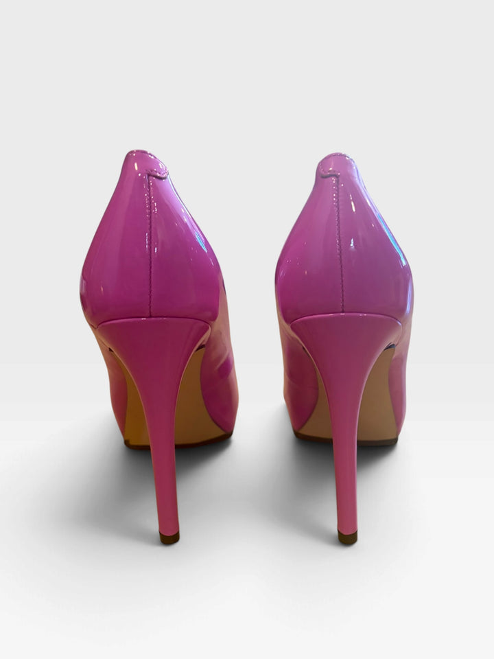 Nine West Hot Pink Patent Peep Toe Platform Stiletto Pumps Size 6M Y2K