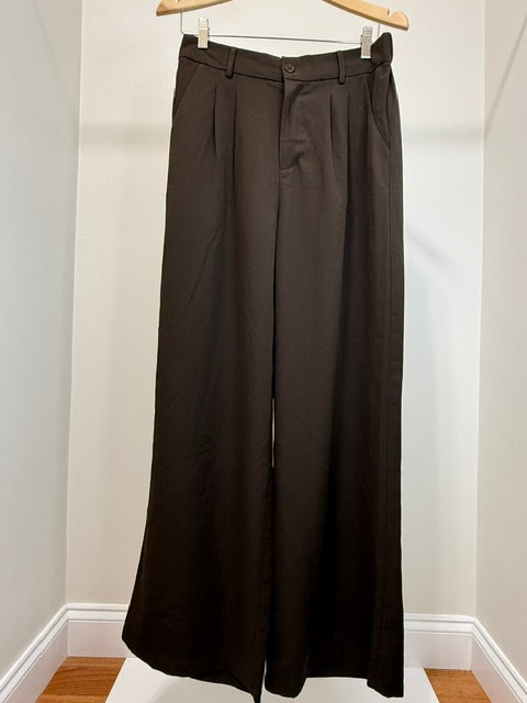 Classic Wide Leg Trousers Chocolate Brown Elastic Waist SzL