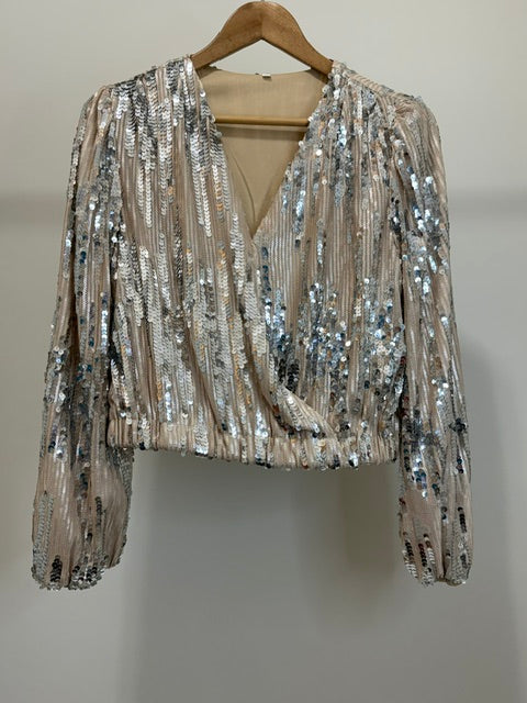 Silver Nude Sequin Faux Wrap Blouse Balloon Sleeve SzXL