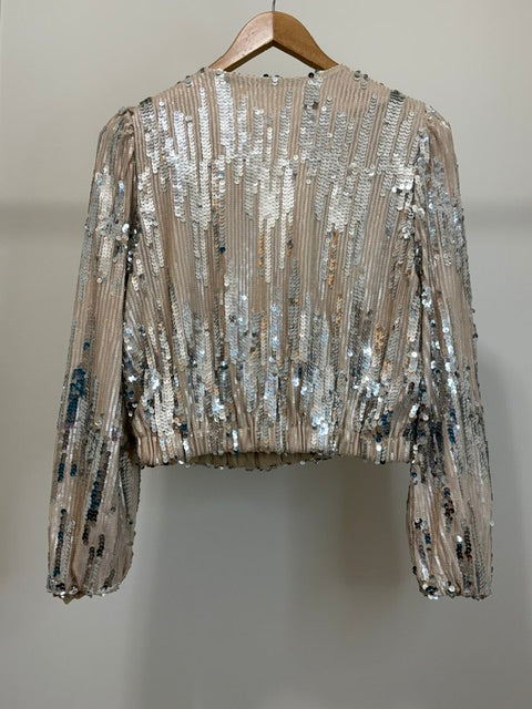 Silver Nude Sequin Faux Wrap Blouse Balloon Sleeve SzXL