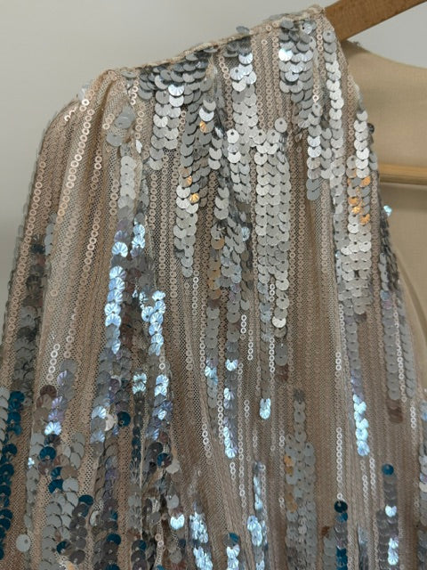 Silver Nude Sequin Faux Wrap Blouse Balloon Sleeve SzXL