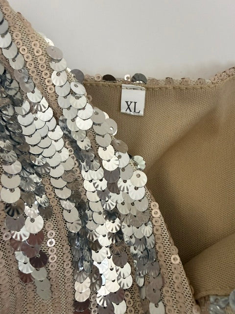 Silver Nude Sequin Faux Wrap Blouse Balloon Sleeve SzXL