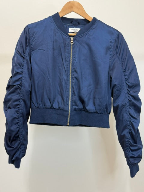 Charlotte Russe Satin Ruched Sleeve Bomber Jacket Navy SzL