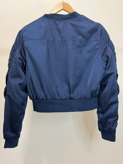 Charlotte Russe Satin Ruched Sleeve Bomber Jacket Navy SzL