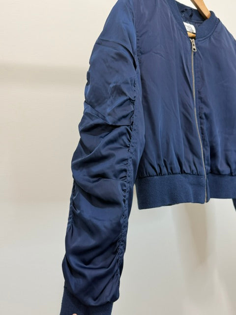 Charlotte Russe Satin Ruched Sleeve Bomber Jacket Navy SzL