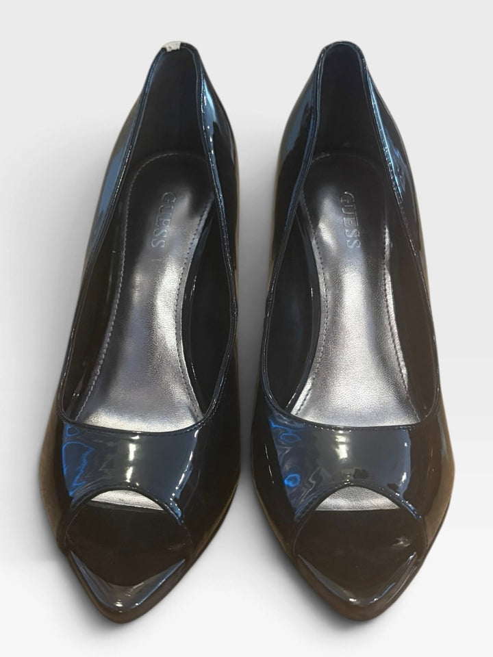 GUESS Black Patent Peep Toe Stiletto Heels 6 Y2K Pinup Rockabilly Pumps