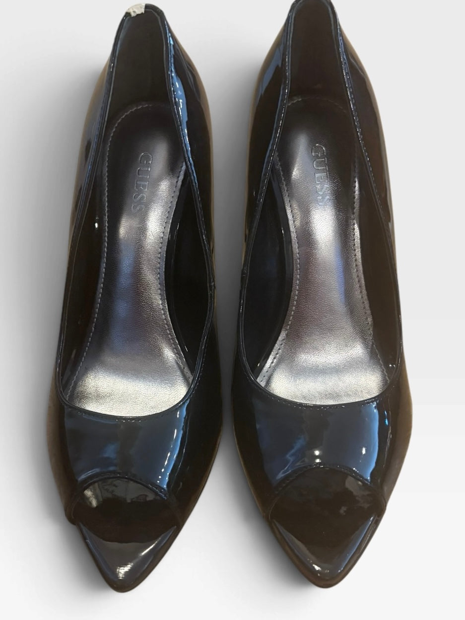 GUESS Black Patent Peep Toe Stiletto Heels 6 Y2K Pinup Rockabilly Pumps