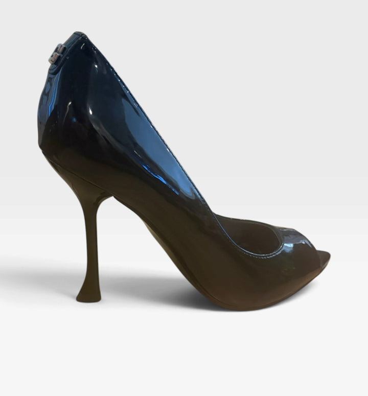 GUESS Black Patent Peep Toe Stiletto Heels 6 Y2K Pinup Rockabilly Pumps