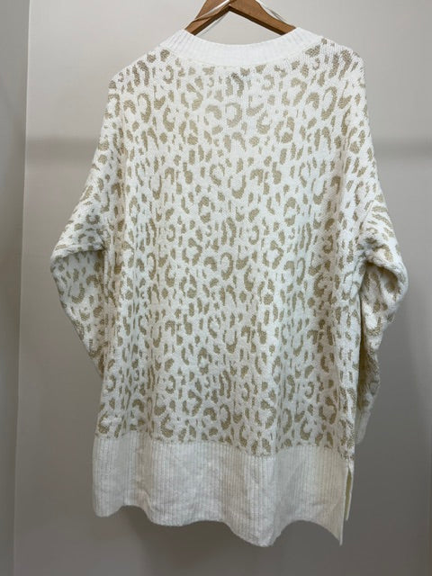 Nine West Metallic Leopard V Neck Sweater Cream Gold XXL