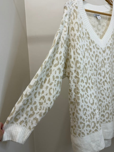 Nine West Metallic Leopard V Neck Sweater Cream Gold XXL