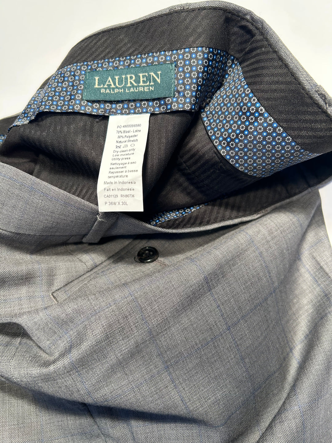 Lauren Ralph Lauren Men’s 42R Gray Wool Blend Suit Windowpane Check 36x30
