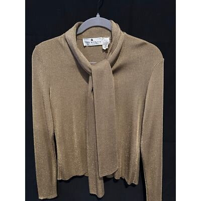 Saks Vintage Works Gold Metallic Cardigan w/tie collar Sz Sm