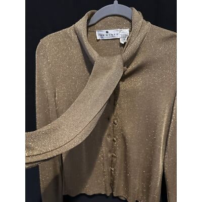 Saks Vintage Works Gold Metallic Cardigan w/tie collar Sz Sm