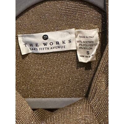 Saks Vintage Works Gold Metallic Cardigan w/tie collar Sz Sm
