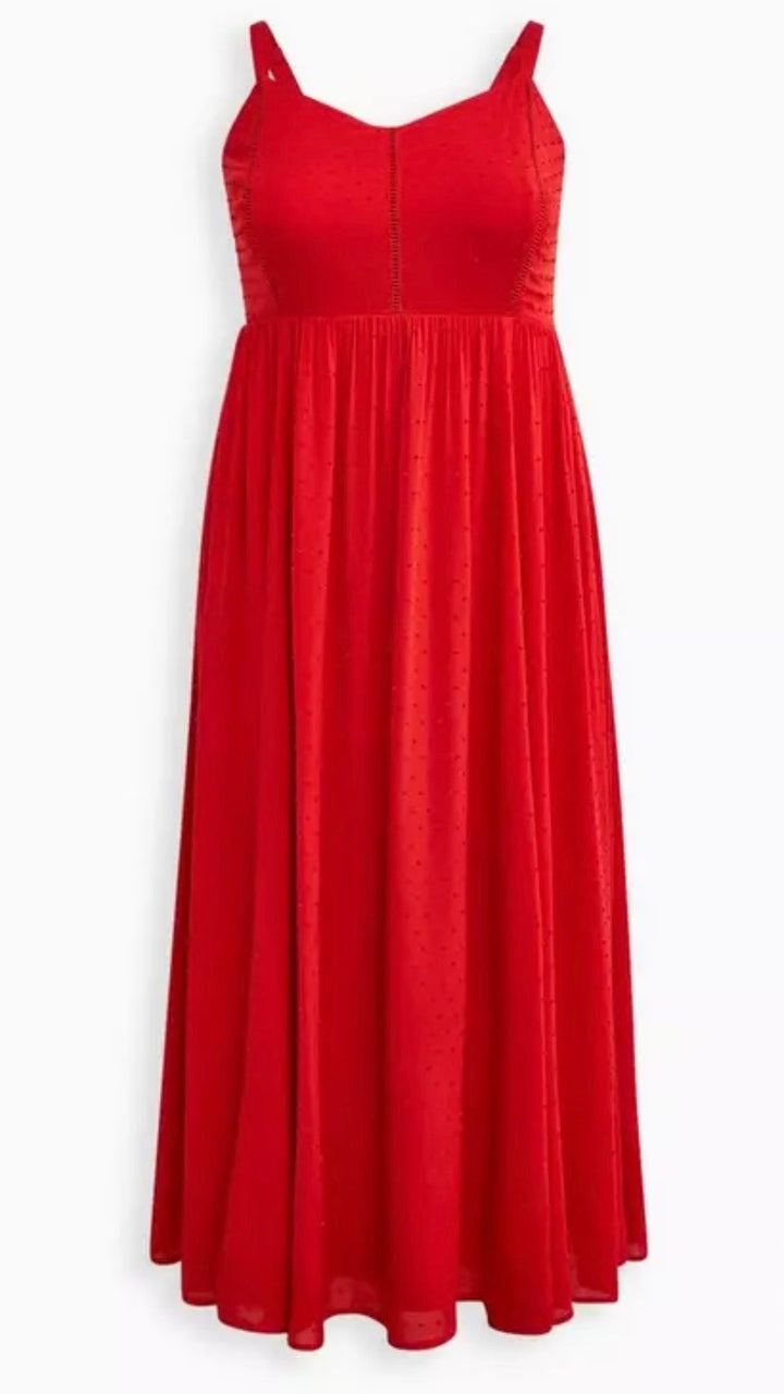 Torrid Ladder Trimmed Red Swiss Dot Maxi Dress Sz1X(14–16) NWT