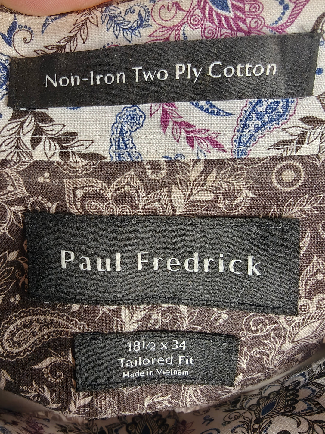 Paul Fredrick Men's 18.5 x 34 Brown Paisley Dress Shirt Tailored Fit Non-Iron Two Ply Cotton