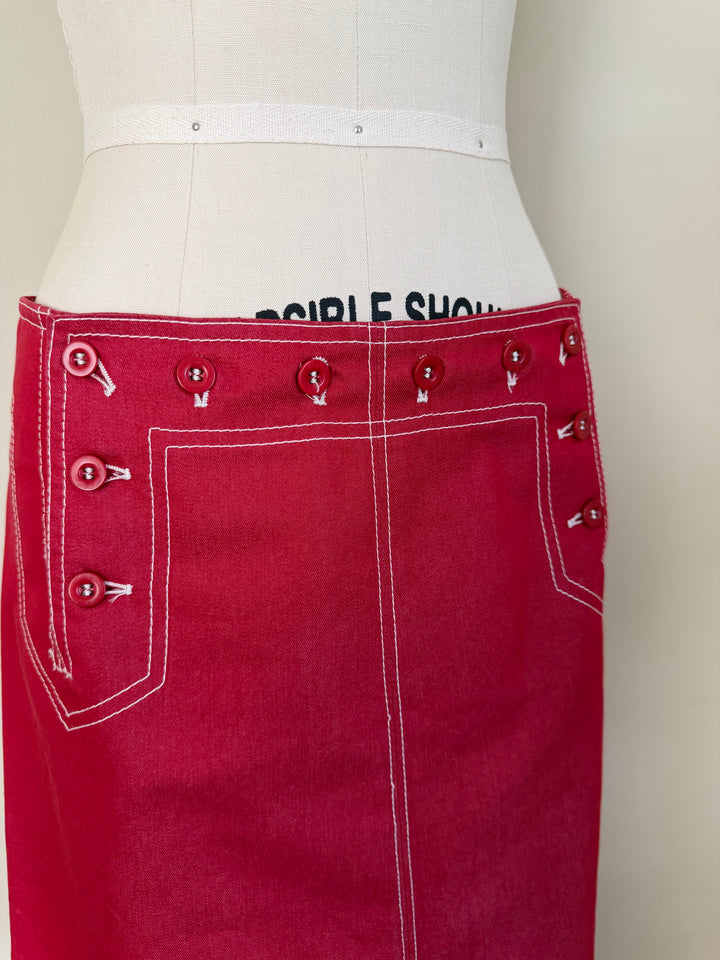Philosophy di Alberta Ferretti Red Contrast Stitch Button Pencil Skirt Made in Italy US 6