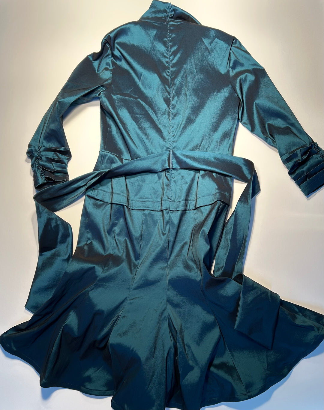 Tadashi Collection Women’s Size 8 Deep Teal Blue Green Satin Tie Waist Midi Dress Ruched Sleeve cocktail