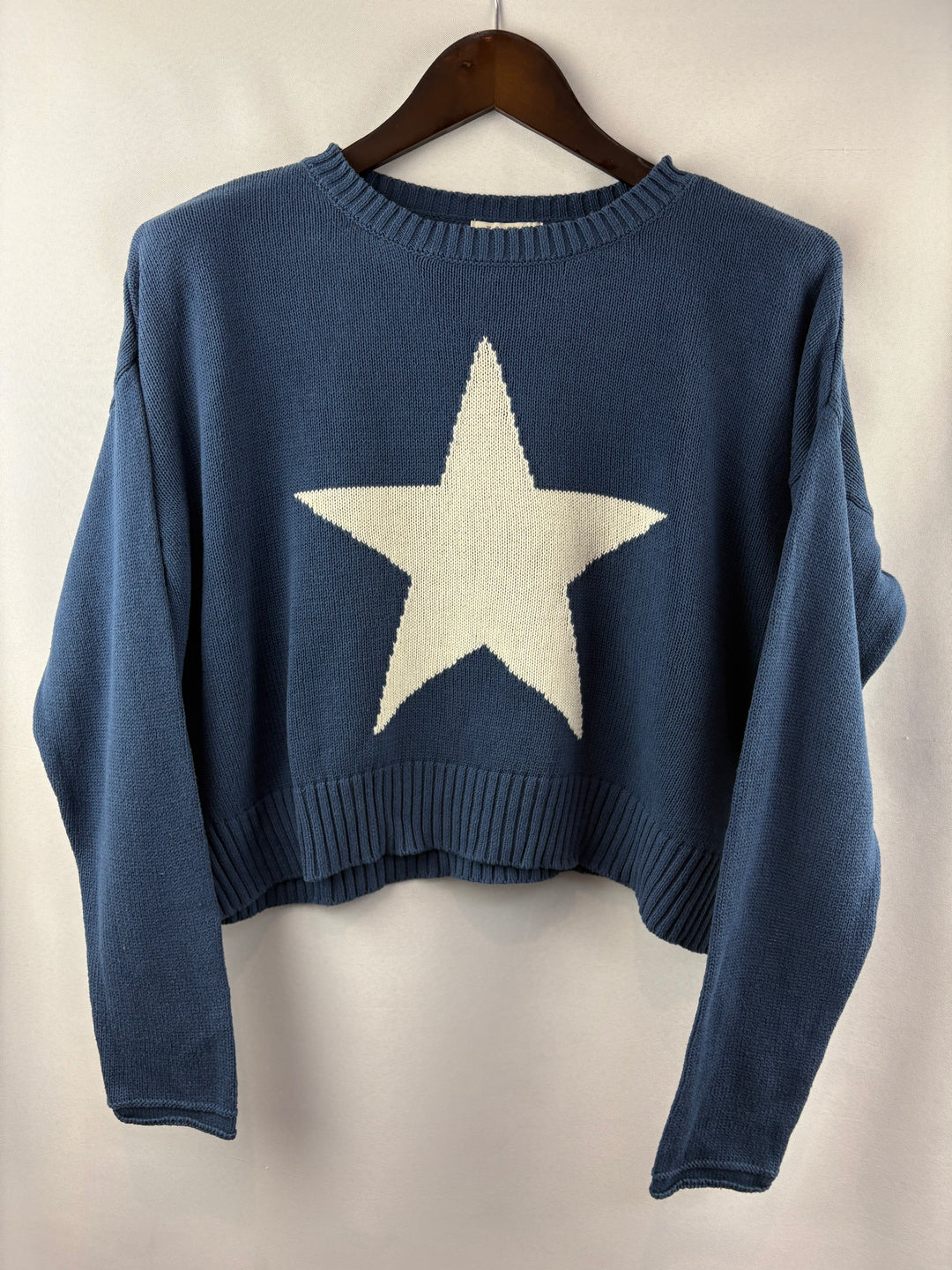 Women’s Z. Supply Medium Blue Cropped Sweater w/ White Star