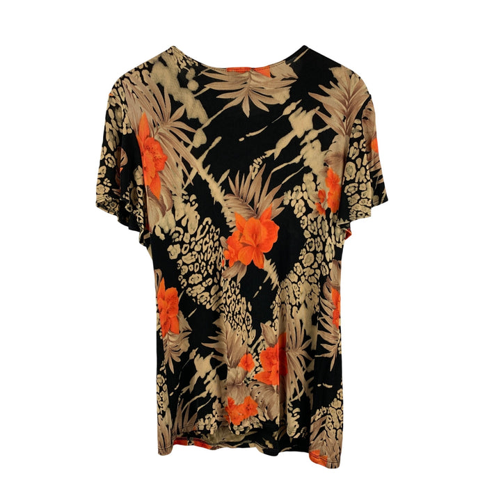 Citiknits XS Floral & Animal Print Top Black/Orange V-Neck