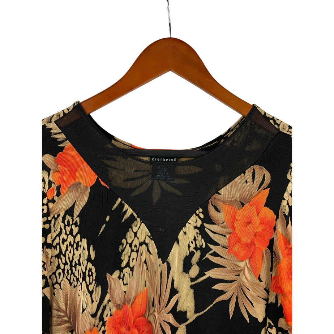 Citiknits XS Floral & Animal Print Top Black/Orange V-Neck