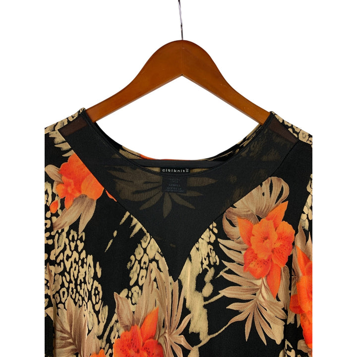 Citiknits XS Floral & Animal Print Top Black/Orange V-Neck