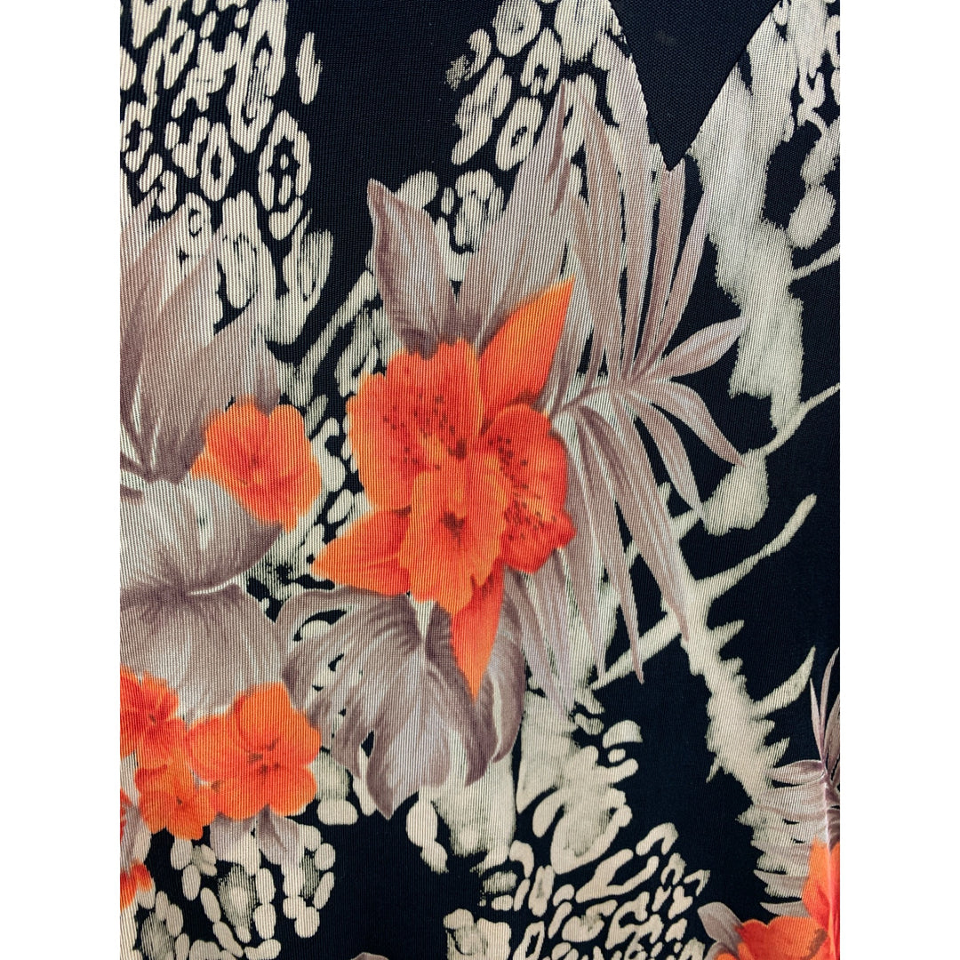 Citiknits XS Floral & Animal Print Top Black/Orange V-Neck