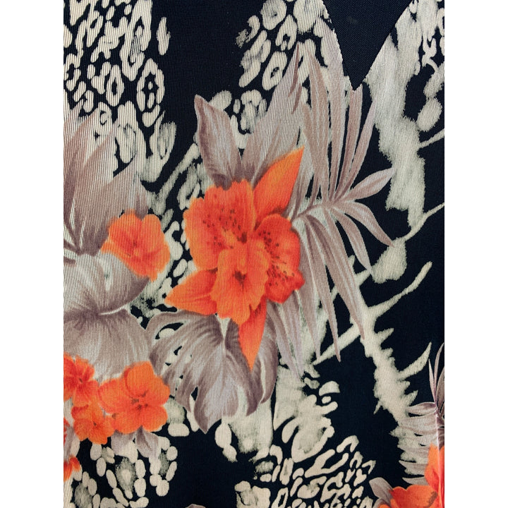 Citiknits XS Floral & Animal Print Top Black/Orange V-Neck