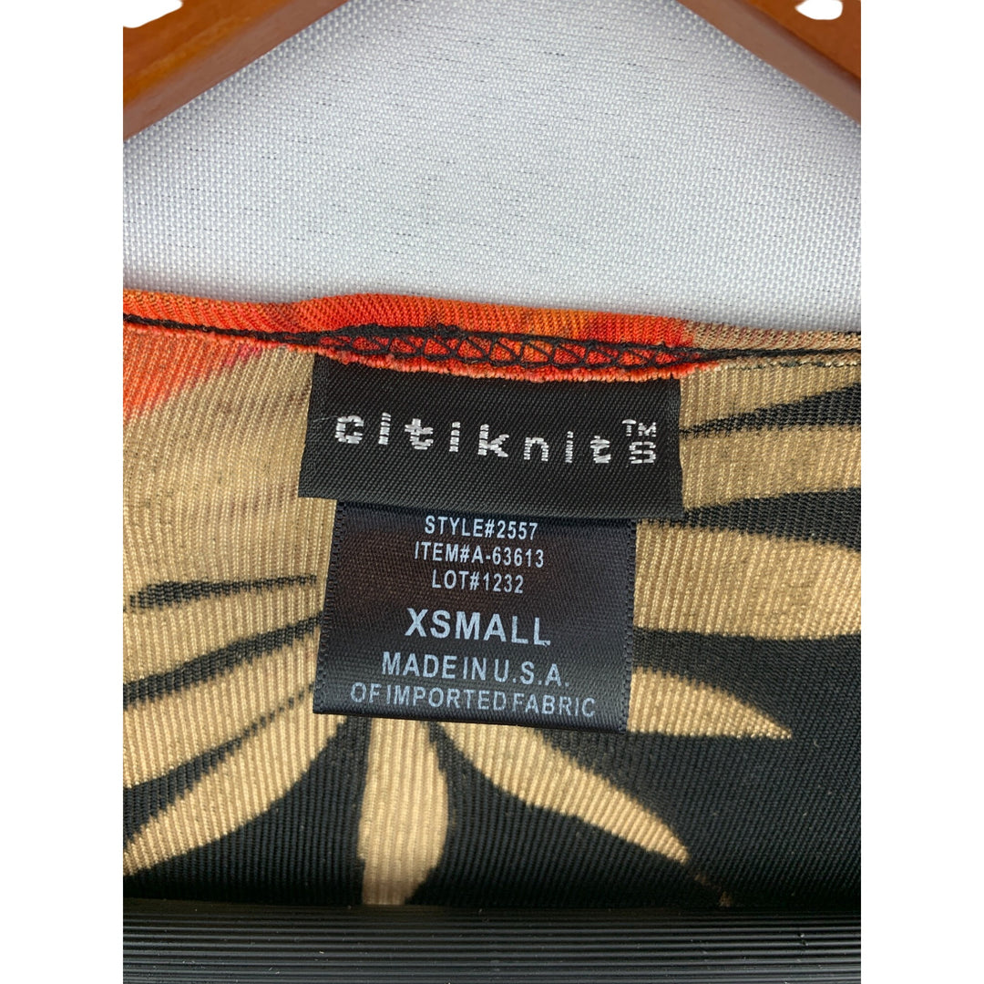 Citiknits XS Floral & Animal Print Top Black/Orange V-Neck