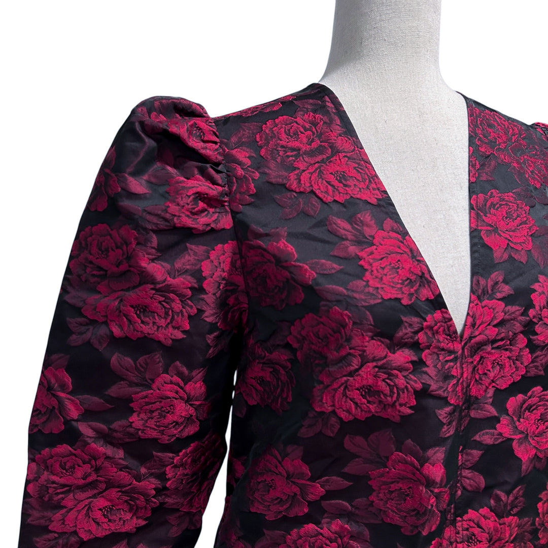 GANNI Dress 36 US Small Botanical Print Jacquard Long Sleeve Minidress in High Risk Red Cocktail