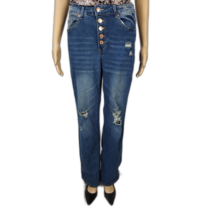 Distressed High-Waisted Button Fly Straight-Leg Jeans – Size M