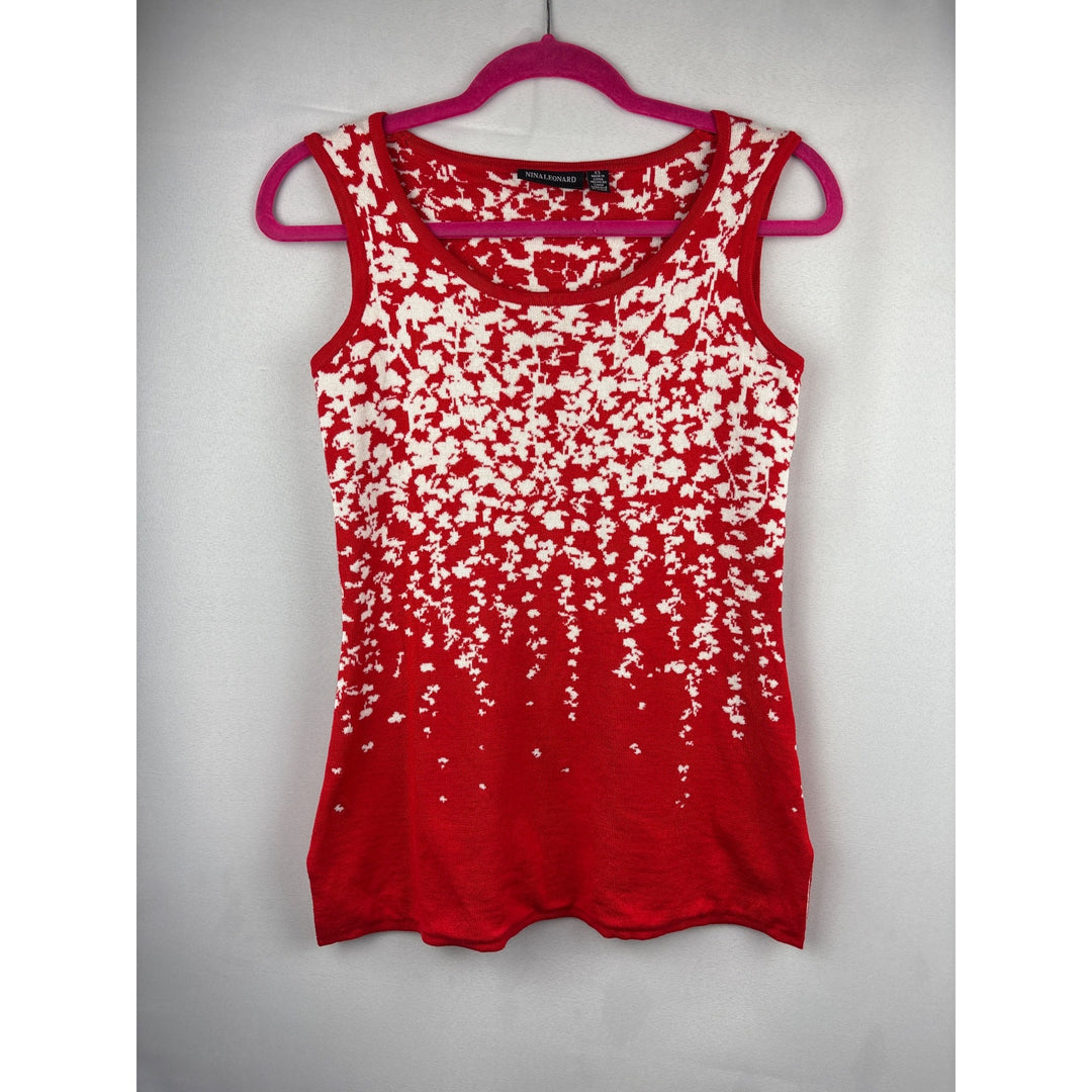 Nina Leonard Womens XS Red & White Sleeveless Floral Knit Top