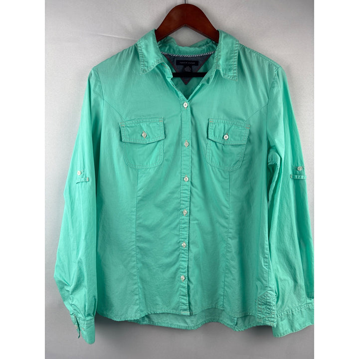 Tommy Hilfiger Womens Green Button-Down Shirt L 100% Cotton Long Sleeve Collared Casual
